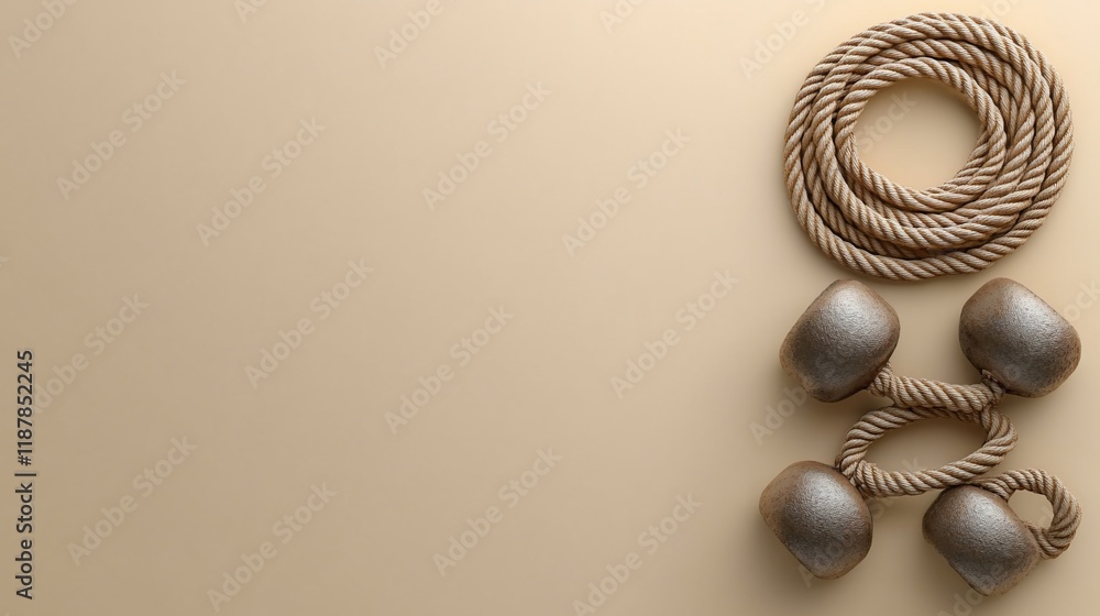Naklejka premium Beige Fitness Still Life: Dumbbells and Rope