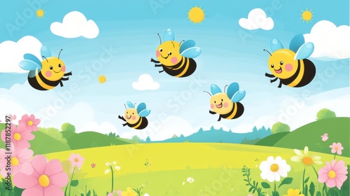 Happy bees flying sunny meadow, floral background, children's illustration