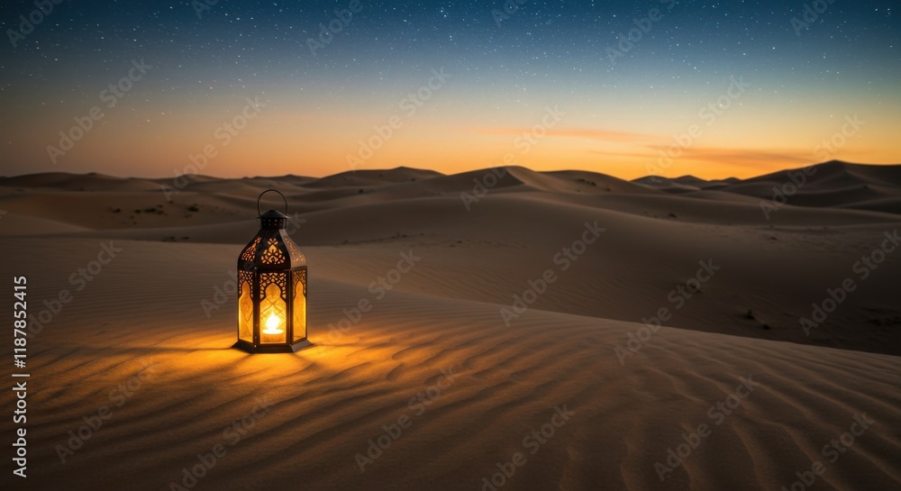 Fototapeta premium Desert Lantern Glow Dunes at Sunset Nature Photography Serene Environment Low Angle Tranquility in the Wilderness