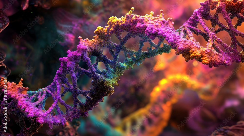 Colorful 3D rendering of a DNA double helix structure. Colorful 3D rendering of a DNA double helix structure.