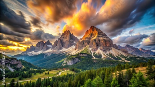 Breathtaking Long Exposure Landscape of Tofane Dolomitic Group with Cloudy Sky and Tofana di Rozes in Foreground, Capturing Nature's Majesty and Serenity photo