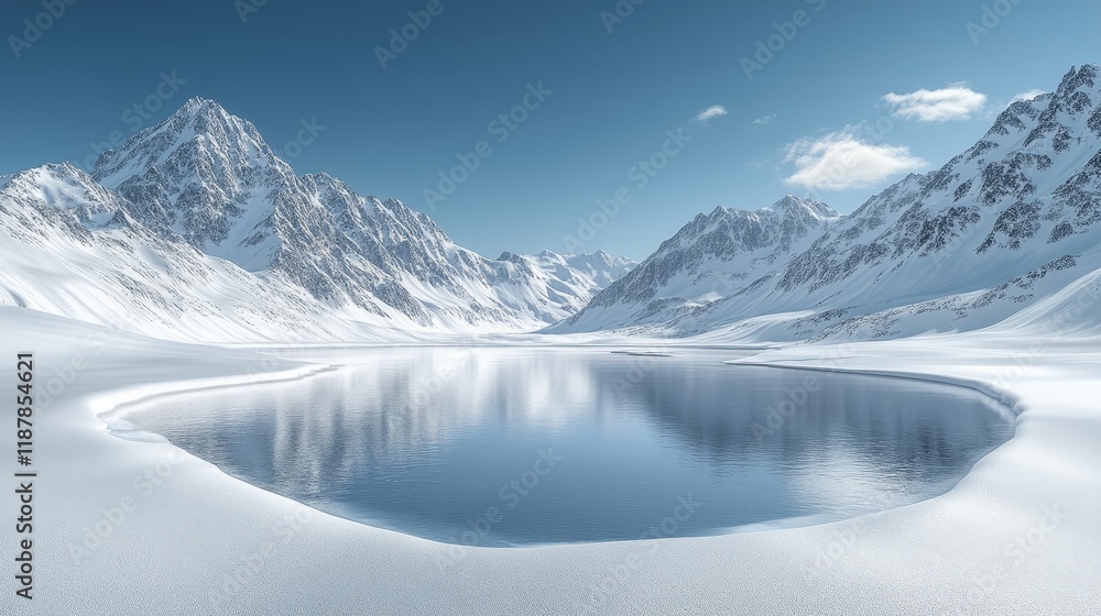 Obraz premium Majestic snow-covered mountain reflection in pristine icy lake under clear blue sky