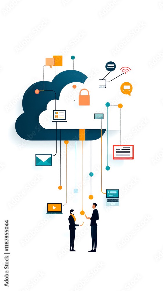 Two figures shake hands beneath a stylized cloud, connected by digital icons representing communication and data sharing. Two figures shake hands beneath a stylized cloud, connected by digital icons representing communication and data sharing.