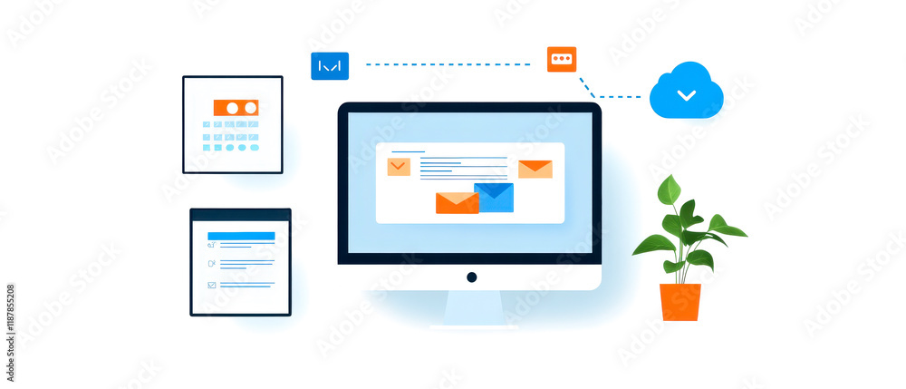 A digital workspace illustration showing a computer with email notifications, cloud storage, and a plant, symbolizing communication and productivity. A digital workspace illustration showing a computer with email notifications, cloud storage, and a plant, symbolizing communication and productivity.