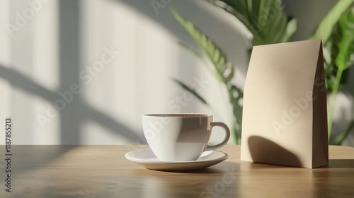 Wallpaper Mural Coffee cup with blank paper bag on wooden table Torontodigital.ca