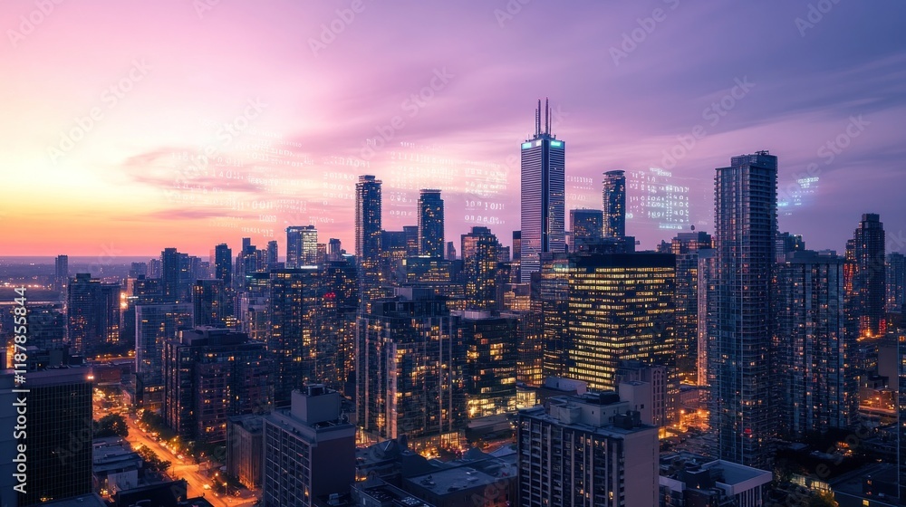 Fototapeta premium Cityscape at sunset, with skyscrapers and city lights.