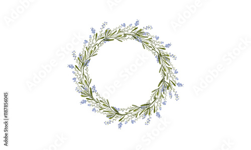 Desain tanpa judul - Watercolor painted floral wreath on white background. blue wild flowers. Circular shape frame. Traced vector illustration