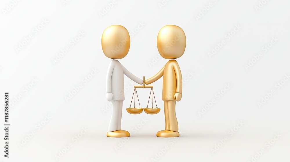 Two 3D Characters Shaking Hands with Scales of Justice in a Minimalist Setting Two 3D Characters Shaking Hands with Scales of Justice in a Minimalist Setting