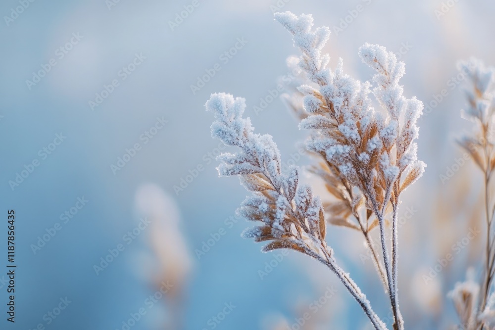 Close up of frozen dry plant with snow and ice crystals Close up of frozen dry plant with snow and ice crystals