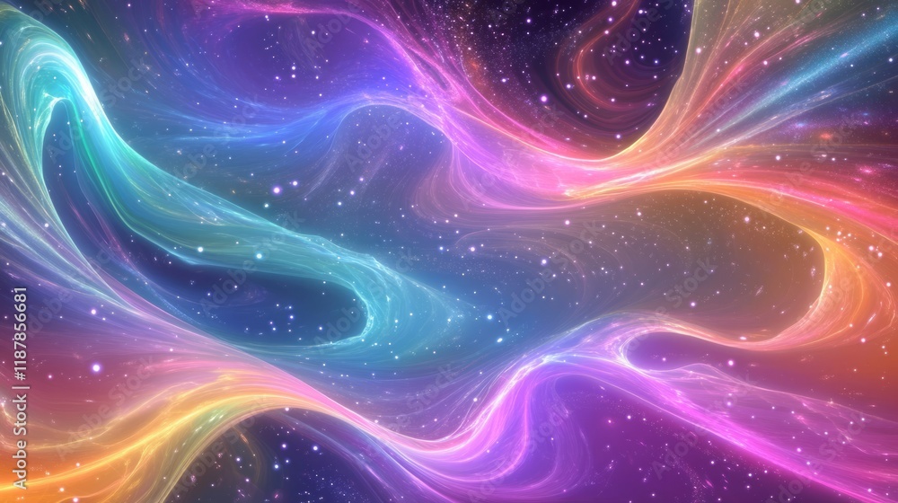 Naklejka premium Ethereal Celestial Background with Swirling Rainbow and Purple Waves, Sparkling Stars, and Dreamy Cosmic Elements