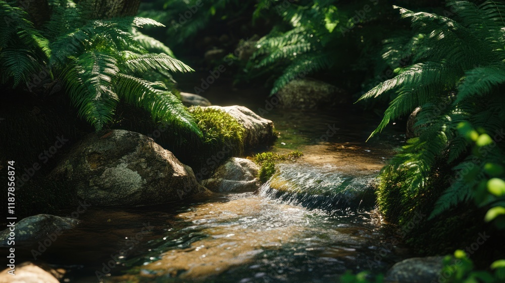 Fototapeta premium Sunlit stream flowing over mossy rocks in a lush forest.