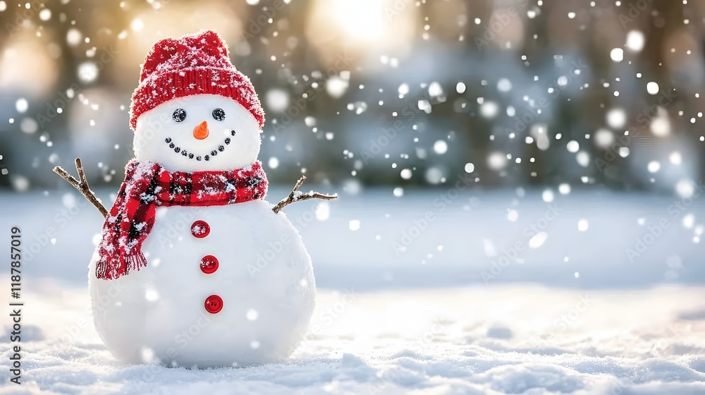A cheerful snowman wears a red hat and scarf in the snow A cheerful snowman wears a red hat and scarf in the snow