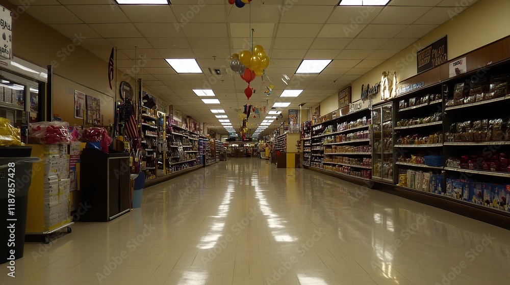 Empty supermarket aisle with shiny floor and balloons. Empty supermarket aisle with shiny floor and balloons.