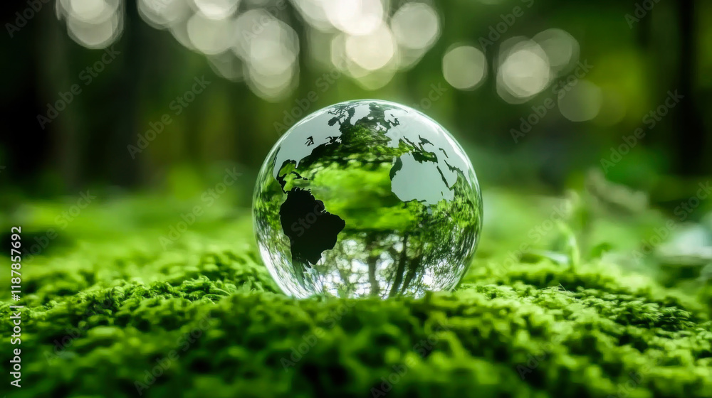 Crystal globe glass on green moss in forest to protect nature Save and care World for sustainable Crystal globe glass on green moss in forest to protect nature Save and care World for sustainable