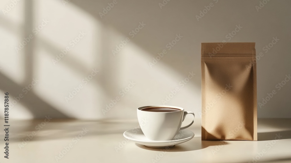 A blank bag packgage with coffee cup on white background A blank bag packgage with coffee cup on white background