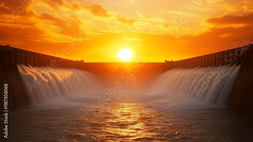 Fototapeta Naklejka Na Ścianę i Meble -  Majestic sunset over flowing water at the massive dam
