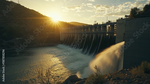 Sunset overflow at large dam with flowing water and sunbeams photo