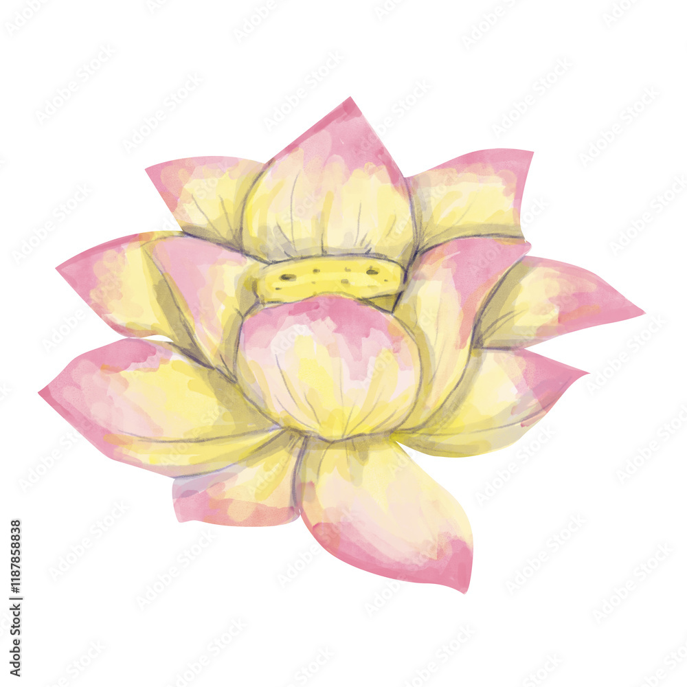 Obraz premium Watercolor Textured Lotus Flower Head Yellow and Pink, Vibrant Textured Illustration for Print, Web and Textile