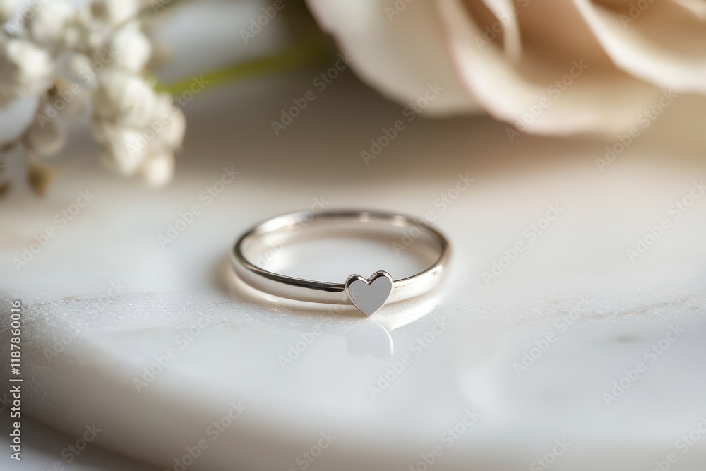 White marble table holding a thin silver band with a heart charm. White marble table holding a thin silver band with a heart charm.