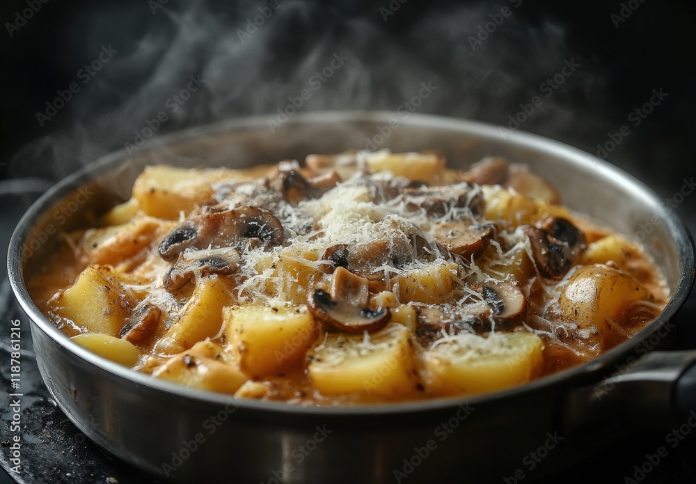 Delicious Steaming Dish of Potatoes and Mushrooms Cooked in Savory Sauce with Melted Cheese on Top, Ideal for Comfort Food Lovers and Culinary Enthusiasts Delicious Steaming Dish of Potatoes and Mushrooms Cooked in Savory Sauce with Melted Cheese on Top, Ideal for Comfort Food Lovers and Culinary Enthusiasts