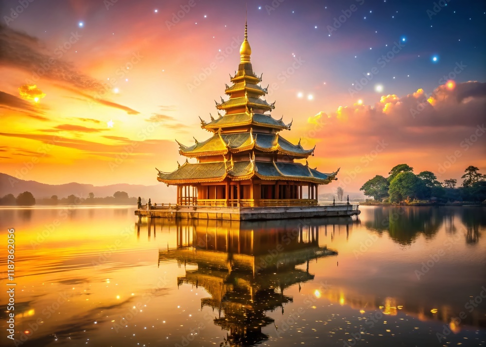 Majestic Golden Pagoda on Serene Lake, Celestial Energy, Macro Photography, Divine Light, Glowing Orbs Majestic Golden Pagoda on Serene Lake, Celestial Energy, Macro Photography, Divine Light, Glowing Orbs