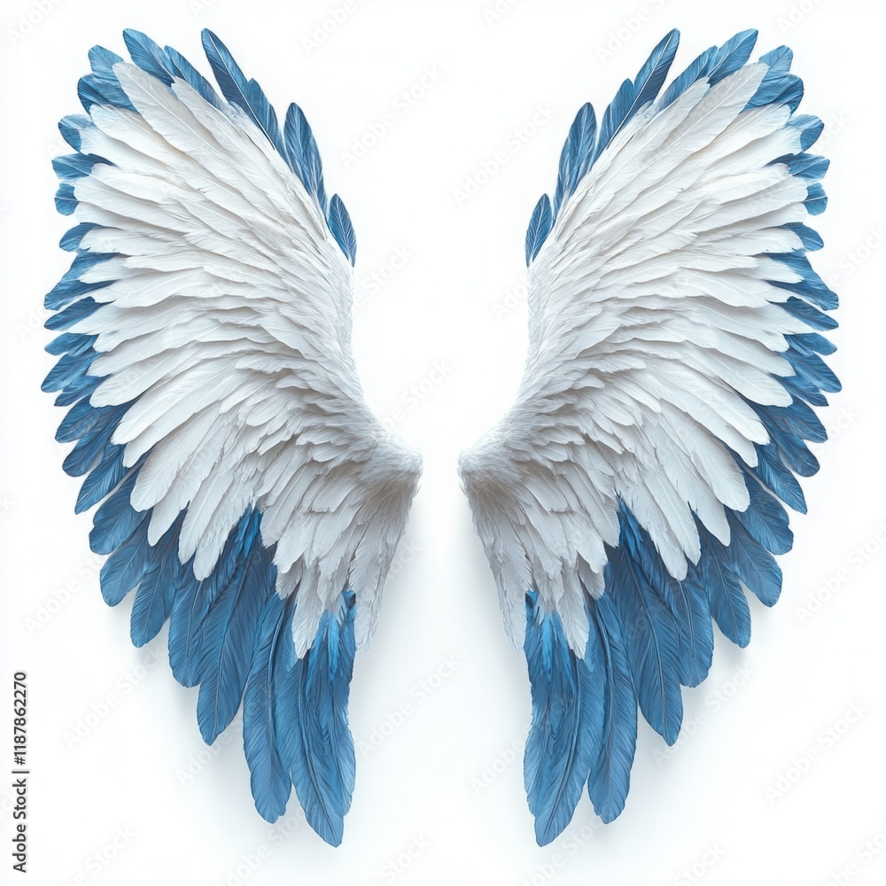Fototapeta premium Photorealistic Heavenly White Angel Wings with Blue Tips – Isolated on White Background