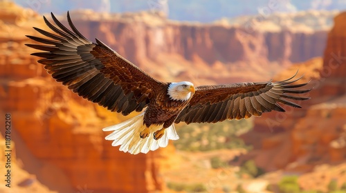 Wallpaper Mural Majestic Bald Eagle Soaring Over Desert Landscape with Red Rocks and Blue Sky in the Background Torontodigital.ca