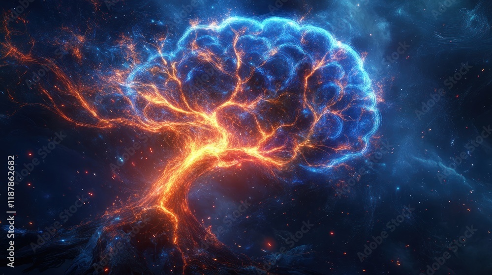 A vibrant, cosmic tree resembling a brain, symbolizing connection and knowledge. A vibrant, cosmic tree resembling a brain, symbolizing connection and knowledge.