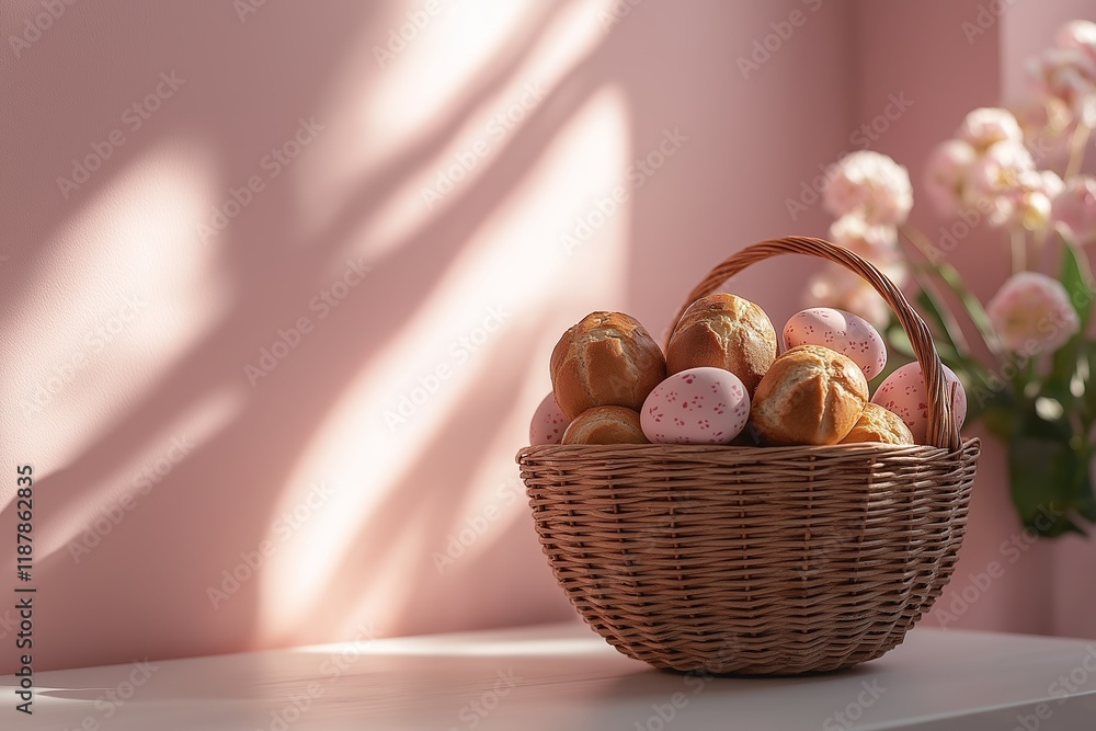 A beautiful Easter basket filled with colorful eggs and bread rolls, set against a soft pink background, perfect for celebrating Easter festivities. A beautiful Easter basket filled with colorful eggs and bread rolls, set against a soft pink background, perfect for celebrating Easter festivities.