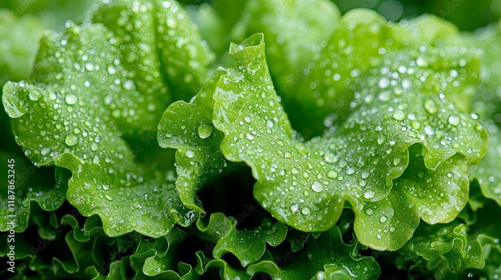 Close-up view of fresh green lettuce leaves covered in water droplets. The vibrant color and crisp texture of the lettuce are beautifully captured in this macro shot of nature's bounty. Close-up view of fresh green lettuce leaves covered in water droplets. The vibrant color and crisp texture of the lettuce are beautifully captured in this macro shot of nature's bounty.