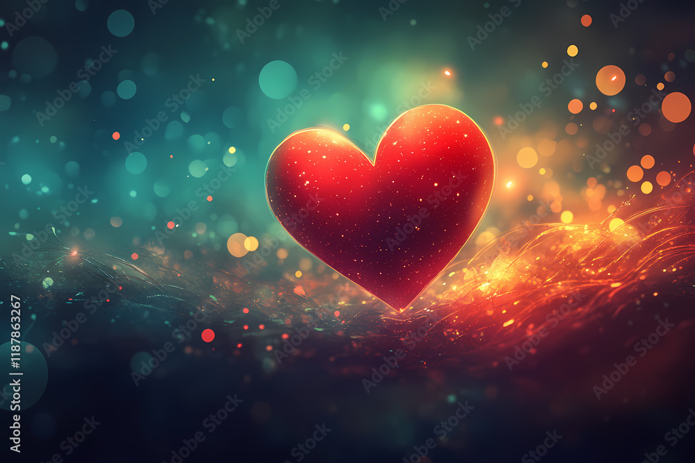 A glowing heart surrounded by concentric waves of light symbolizing love. An abstract representation of affection and care