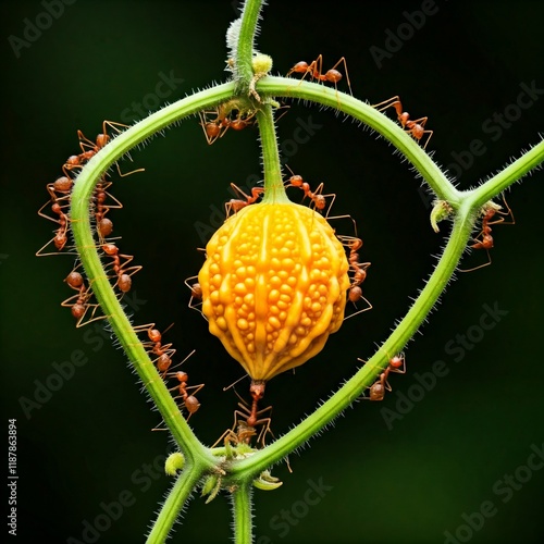 A stunning macro photograph capturing the moment of unity and strength among a colony of red ants. These tiny creatures work together to lift a vibrant orange-yellow gourd-like fruit, suspended by hea photo