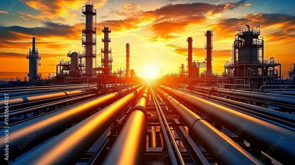 Fototapeta premium Pipe line in oil refinery Steel long pipe in crude oil factory
