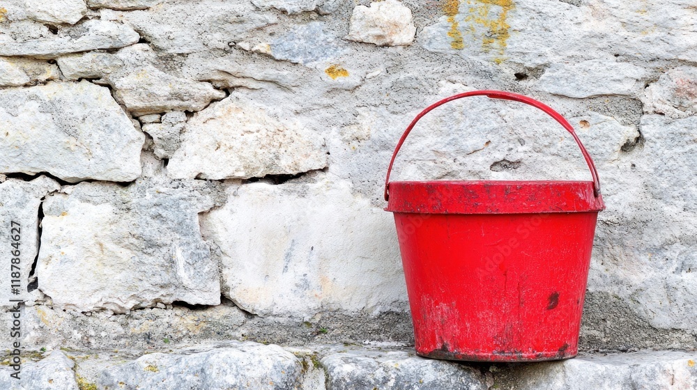 A red bucket resting against a stone wall, showcasing rustic charm and simplicity. A red bucket resting against a stone wall, showcasing rustic charm and simplicity.