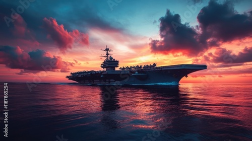 Fototapeta Naklejka Na Ścianę i Meble -  Aircraft carrier on the sea. Military warship with beautiful red sunset at the background
