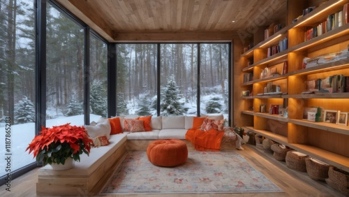 Cozy living room with snowy forest view, wooden ceiling, floortoceiling windows, builtin bookshelf, warm decor, and vibrant poinsettias.