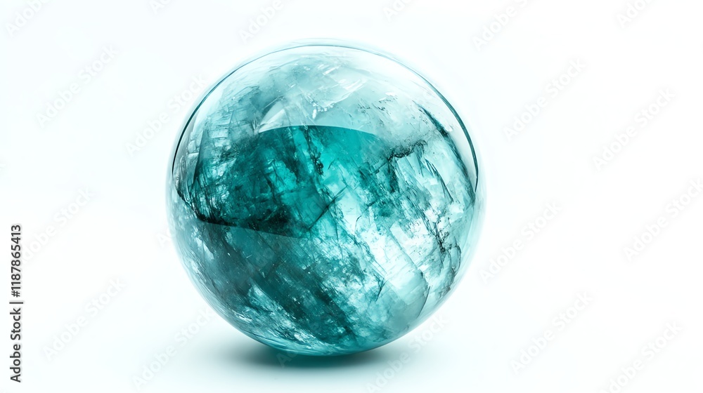 Crystal sphere with green and blue hues, white isolated background. Crystal sphere with green and blue hues, white isolated background.