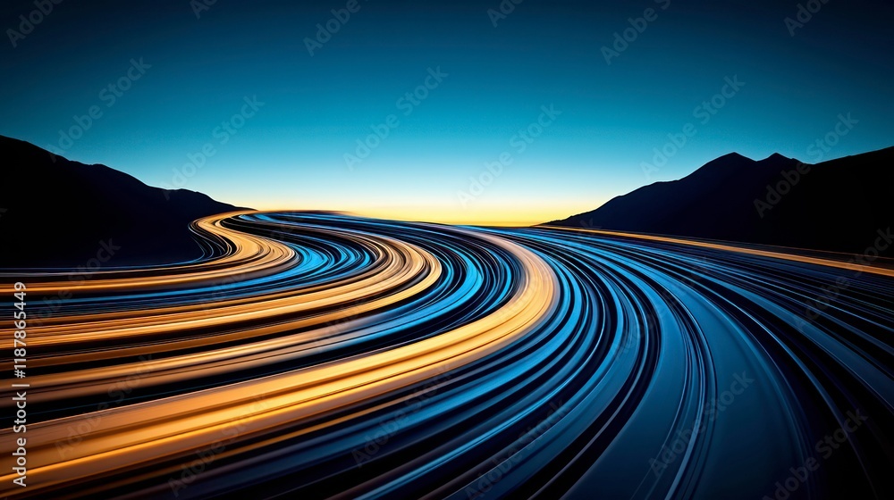 Fototapeta premium A vibrant design featuring a dark sky backdrop, illuminated by yellow and blue light streaks, creating dynamic, futuristic road-inspired backgrounds with sleek, modern lines