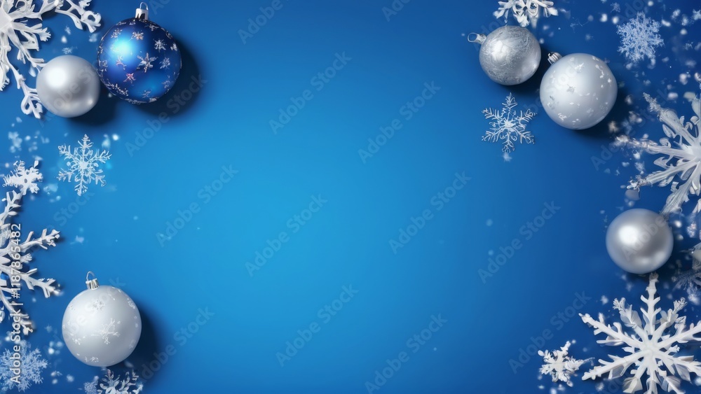 Blue Christmas background with scattered snowflakes and baubles in a festive design Blue Christmas background with scattered snowflakes and baubles in a festive design