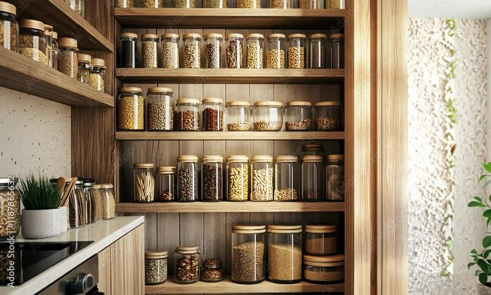 A neatly organized pantry featuring glass jars filled with various grains, nuts, and legumes, showcasing a minimalist and functional design. A neatly organized pantry featuring glass jars filled with various grains, nuts, and legumes, showcasing a minimalist and functional design.