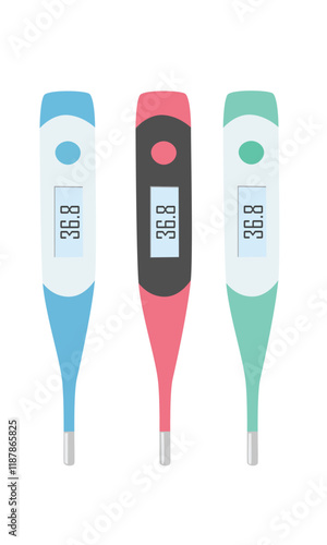 Digital thermometer vector. Medical equipment clipart in cartoon style isolated on white background. Electric thermometer flat vector set.