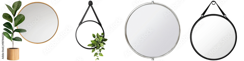 Furniture trendy and minimal innovative, A collection of decorative mirrors and potted plants arranged aesthetically. Furniture trendy and minimal innovative, A collection of decorative mirrors and potted plants arranged aesthetically.