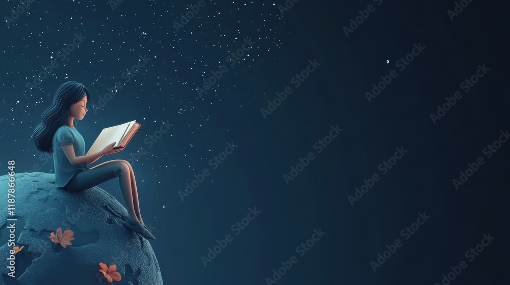Nighttime Serenity A Girl Reading Underneath the Starry Sky on a Planet Nighttime Serenity A Girl Reading Underneath the Starry Sky on a Planet
