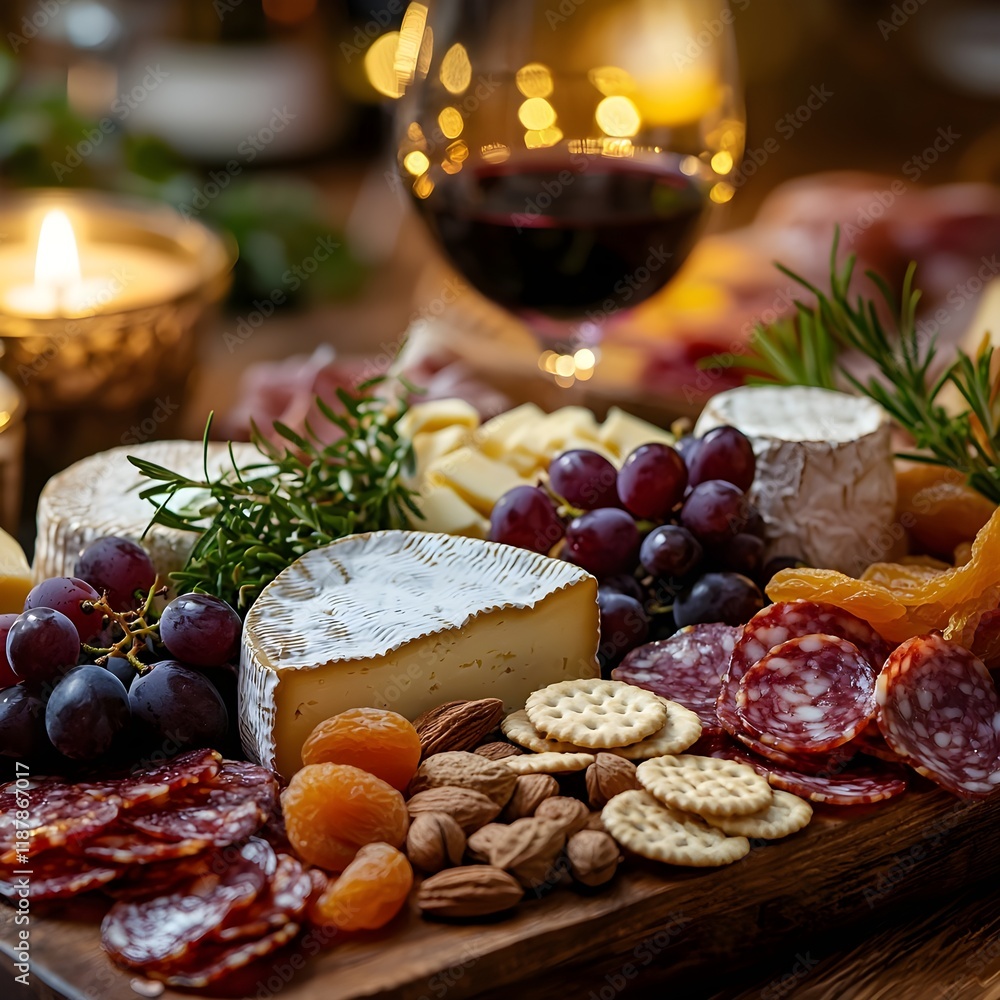 Cheese and Charcuterie Board with Assorted Cheeses, Cured Meats, Fruits, Crackers, and Nuts, Rustic Wooden Board, Cozy Table Setting Cheese and Charcuterie Board with Assorted Cheeses, Cured Meats, Fruits, Crackers, and Nuts, Rustic Wooden Board, Cozy Table Setting