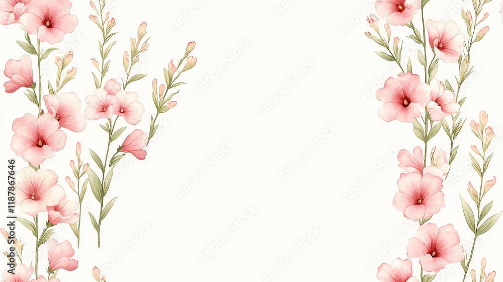 Obraz premium Elegant Floral Border Design with Soft Pink Blooms and Greenery on a Light Background