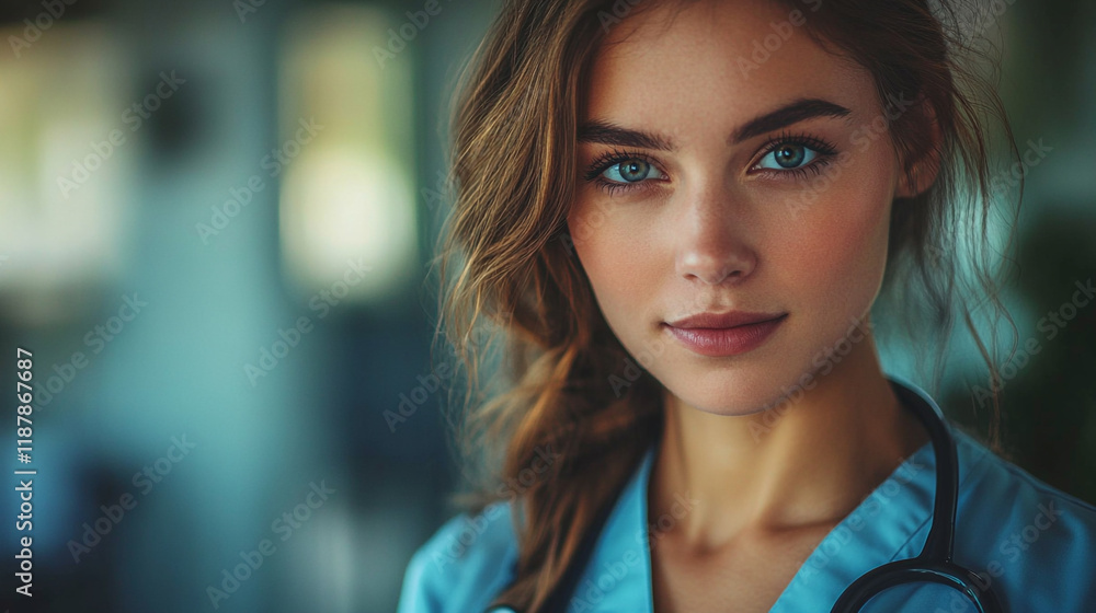 Fototapeta premium Young healthcare professional in a clinical setting wearing scrubs and a stethoscope