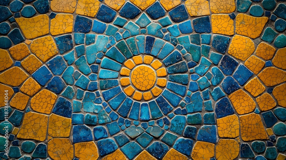 Fototapeta premium Colorful mosaic tile pattern, blue and yellow, circular design.