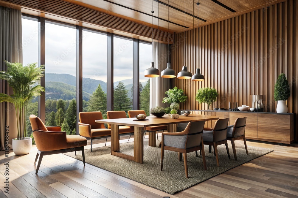 Fototapeta premium Japandi Living Room Design: Minimalist Modern Interior with Panoramic Windows & Wooden Paneling