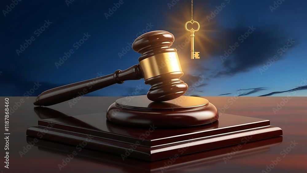 Judge's Wooden Gavel with Glowing Golden Key Against Twilight Background, Symbolizing Justice, Legal Authority, Unlocking Solutions, and Ethical Decision-Making Judge's Wooden Gavel with Glowing Golden Key Against Twilight Background, Symbolizing Justice, Legal Authority, Unlocking Solutions, and Ethical Decision-Making