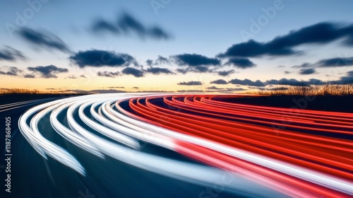 A dim road stretches beneath a starry sky, where streaks of light and shadow dance, tracing endless lines through the dark